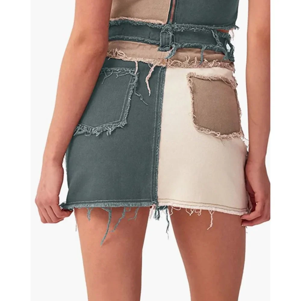 Sexy Green Colorblock Patchwork Denim Distressed Ripped Mini Bodycon Jean Skirt - Picture 3 of 6